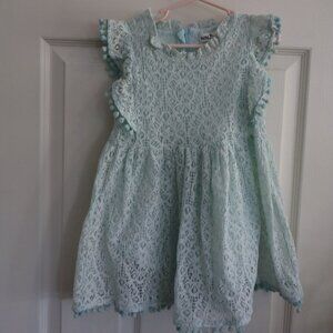 Mint Green Lace dress with pom pom edging and ruffle sleeves 3T/4T